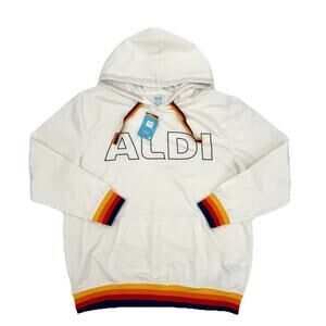 Aldi Gear Pullover Hooded Sweatshirt Off-White/Rainbow Fall 2023 Hoodie Sz LARGE
